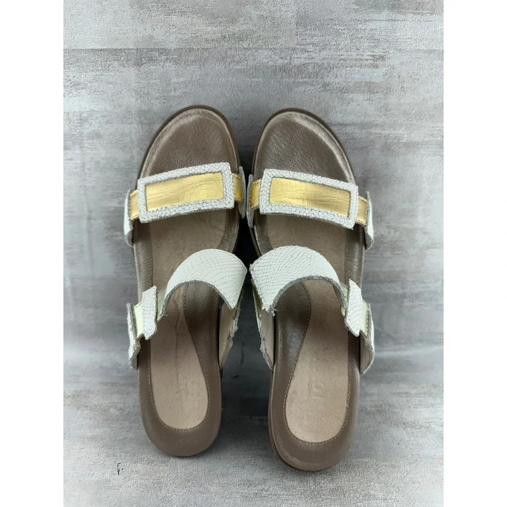 Naot Women White Gold Snakeskin Leather Wedge Sandals Sz EU 39 Slide